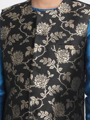 Turquoise Printed Cotton Silk Boys-Kurta-Pyjama 2