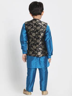 Turquoise Printed Cotton Silk Boys-Kurta-Pyjama 3