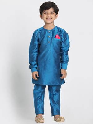 Turquoise Printed Cotton Silk Boys-Kurta-Pyjama 4