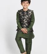 Green Printed Cotton Silk Boys-Kurta-Pyjama