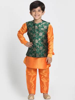 Orange Printed Cotton Silk Boys-Kurta-Pyjama 1