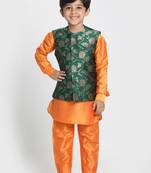 Orange Printed Cotton Silk Boys-Kurta-Pyjama