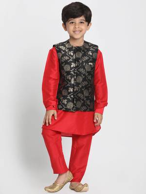 Red Printed Cotton Silk Boys Kurta Pyjama 1