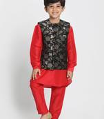 Red Printed Cotton Silk Boys Kurta Pyjama