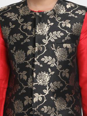 Red Printed Cotton Silk Boys Kurta Pyjama 2