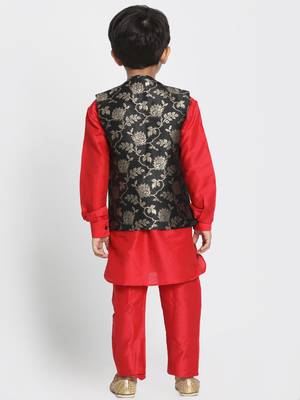 Red Printed Cotton Silk Boys Kurta Pyjama 3