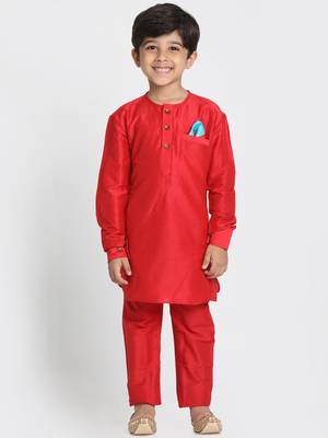 Red Printed Cotton Silk Boys Kurta Pyjama 4