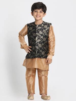 Gold Printed Cotton Silk Boys-Kurta-Pyjama 1