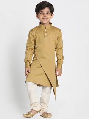  Chikoo And Cream Cotton Satin Blend Kurta Pyjama Set 1