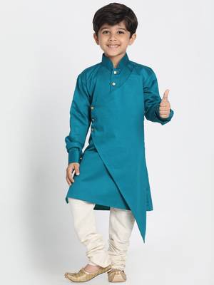  Rama And Cream Cotton Satin Blend Kurta Pyjama Set 1