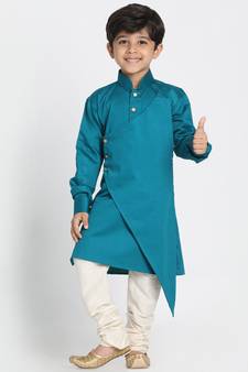 Boys Rama And Cream Cotton Satin Blend Kurta Pyjama Set