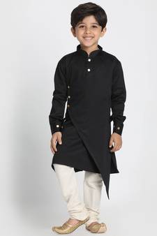 Boys Black And Cream Cotton Satin Blend Kurta Pyjama Set