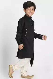  Black And Cream Cotton Satin Blend Kurta Pyjama Set