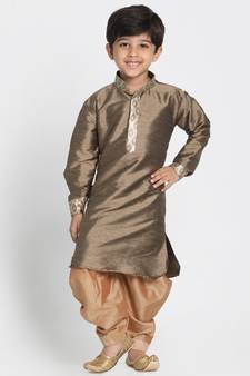 Boys Bronze And Gold Silk Blend Kurta And Dhoti Set