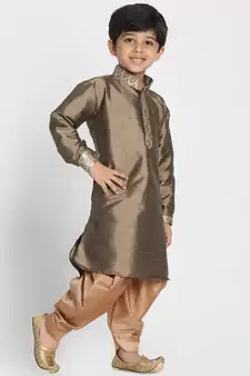 Boys Bronze And Gold Silk Blend Kurta And Dhoti Set