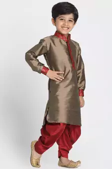  Bronze And Maroon Silk Blend Kurta And Dhoti Set