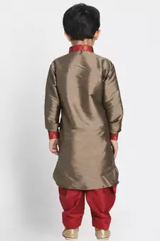  Bronze And Maroon Silk Blend Kurta And Dhoti Set