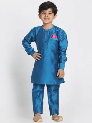 Turquoise Printed Cotton Silk Boys-Kurta-Pyjama 1