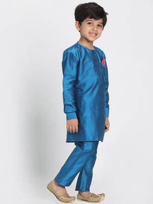 Turquoise Printed Cotton Silk Boys-Kurta-Pyjama 2