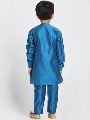 Turquoise Printed Cotton Silk Boys-Kurta-Pyjama 4