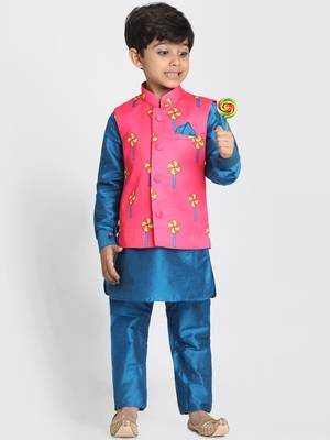 Turquoise Printed Cotton Silk Boys-Kurta-Pyjama 1