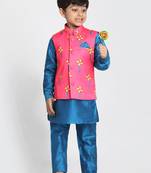 Turquoise Printed Cotton Silk Boys-Kurta-Pyjama