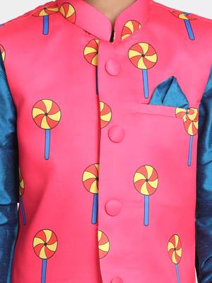 Turquoise Printed Cotton Silk Boys-Kurta-Pyjama 2