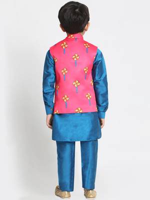 Turquoise Printed Cotton Silk Boys-Kurta-Pyjama 3