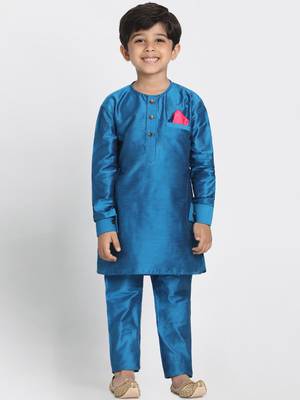 Turquoise Printed Cotton Silk Boys-Kurta-Pyjama 4