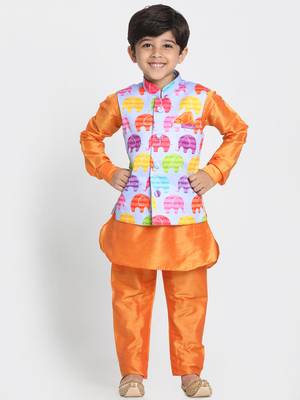 Orange Printed Cotton Silk Boys-Kurta-Pyjama 1