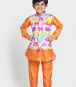 Orange Printed Cotton Silk Boys-Kurta-Pyjama