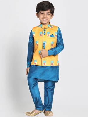 Turquoise Printed Cotton Silk Boys Kurta Pyjama 1