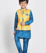 Turquoise Printed Cotton Silk Boys Kurta Pyjama
