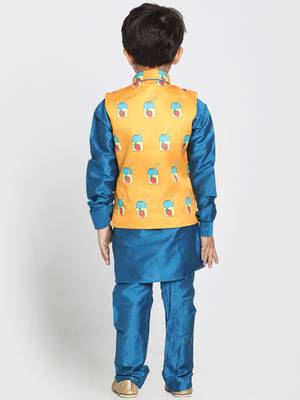 Turquoise Printed Cotton Silk Boys Kurta Pyjama 2
