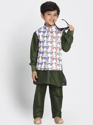 Green Printed Cotton Silk Boys Kurta Pyjama 1