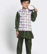 Green Printed Cotton Silk Boys Kurta Pyjama