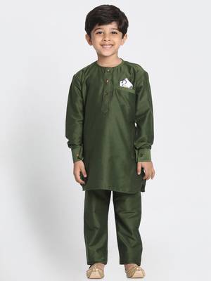 Green Printed Cotton Silk Boys Kurta Pyjama 4