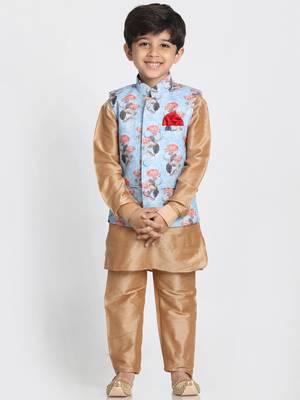Gold Printed Cotton Silk Boys-Kurta-Pyjama 1