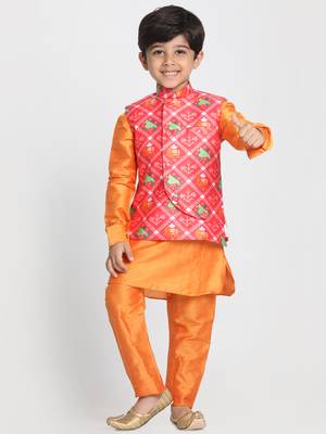 Orange Printed Cotton Silk Boys-Kurta-Pyjama 1