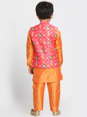 Orange Printed Cotton Silk Boys-Kurta-Pyjama 3