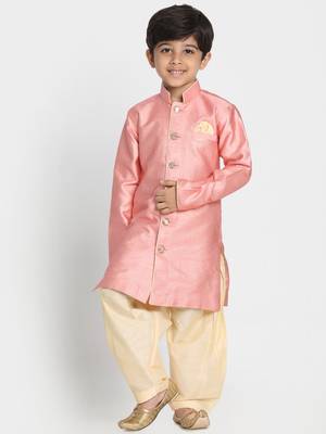  Light Pink Silk Blend Indowestern Sherwani And Patiala Style Dhoti Set 1