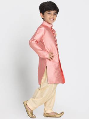  Light Pink Silk Blend Indowestern Sherwani And Patiala Style Dhoti Set 2