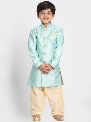 Boys Light Sea Green Silk Blend Indowestern Sherwani And Patiala Style Dhoti Set 1