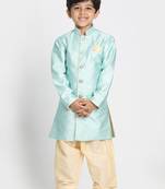 Boys Light Sea Green Silk Blend Indowestern Sherwani And Patiala Style Dhoti Set