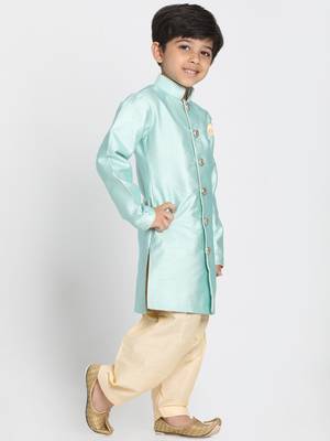 Boys Light Sea Green Silk Blend Indowestern Sherwani And Patiala Style Dhoti Set 2