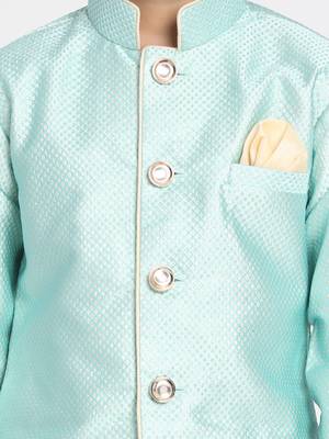 Boys Light Sea Green Silk Blend Indowestern Sherwani And Patiala Style Dhoti Set 3