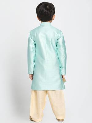 Boys Light Sea Green Silk Blend Indowestern Sherwani And Patiala Style Dhoti Set 4