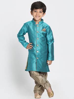 Green Woven Blended Cotton Boys-Sherwani 1