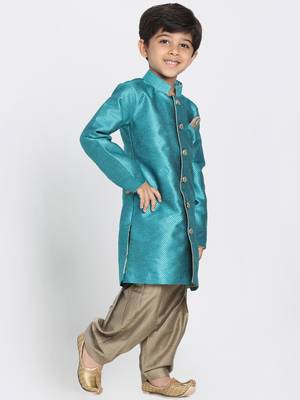 Green Woven Blended Cotton Boys-Sherwani 2