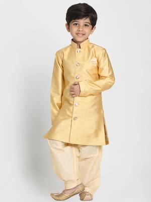  Light Yellow Silk Blend Indowestern Sherwani And Patiala Style Dhoti Set 1